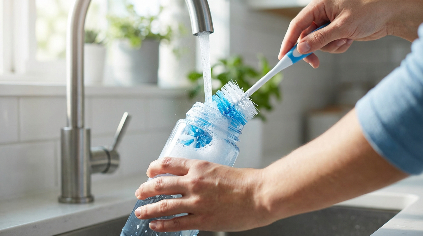 Mains nettoyant une gourde en plastique transparente avec une brosse sous un robinet, dans un évier de cuisine moderne.