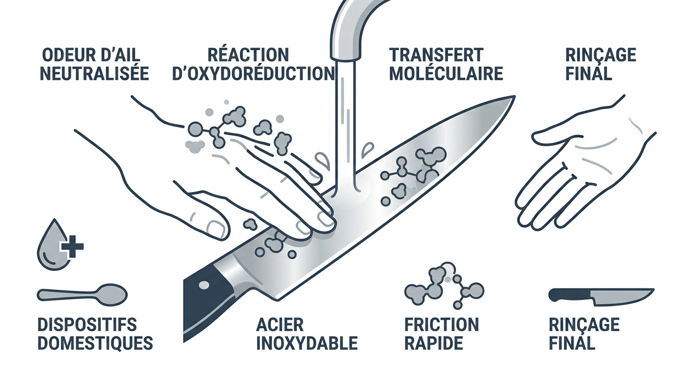 Démonstration de la neutralisation des odeurs d'ail sur les mains avec un ustensile en acier inoxydable sous l'eau