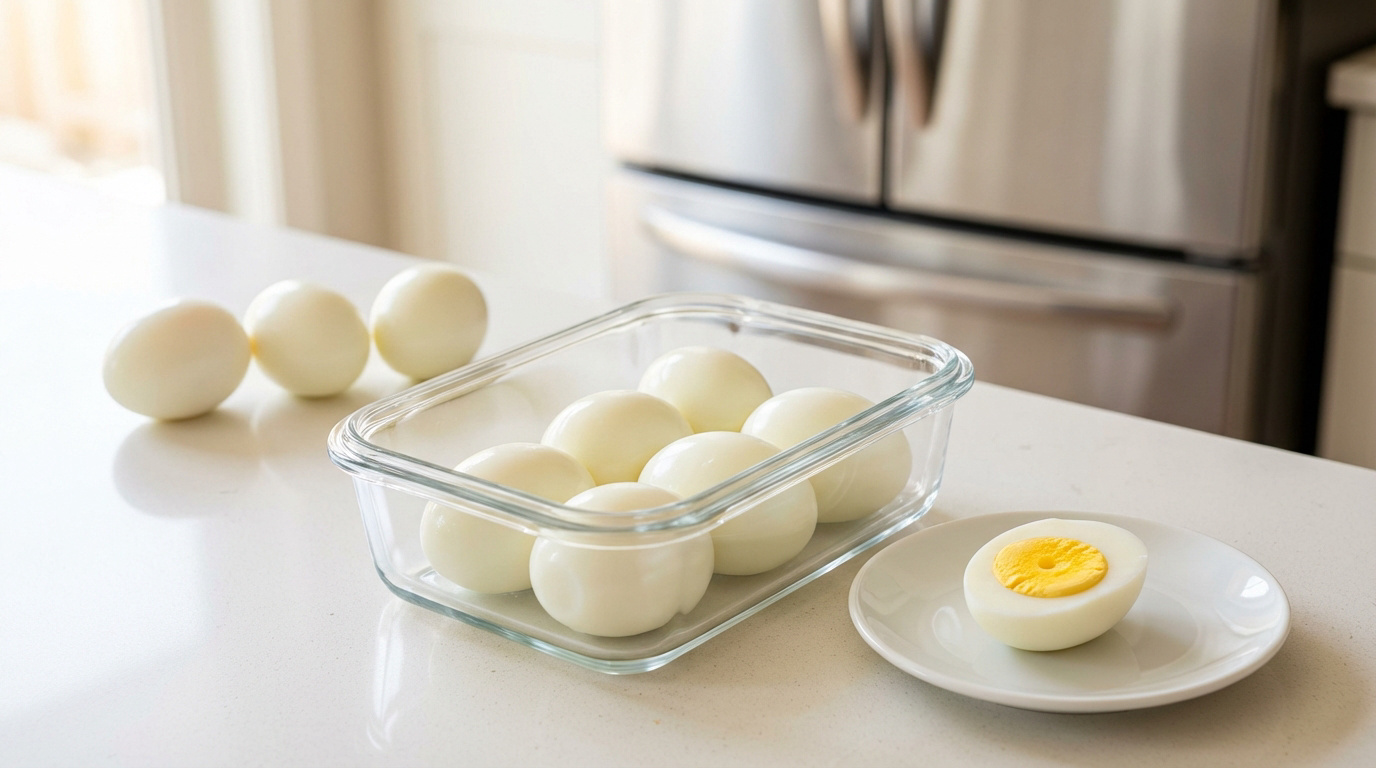 Œufs durs écalés : certains dans une boîte en verre, un coupé en deux sur une assiette. Scène de cuisine lumineuse.