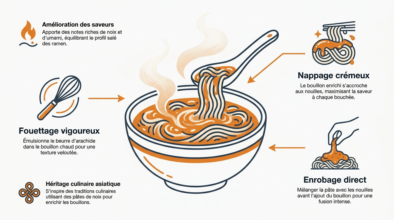 Préparation de ramen crémeux avec intégration de beurre de cacahuète et garnitures asiatiques