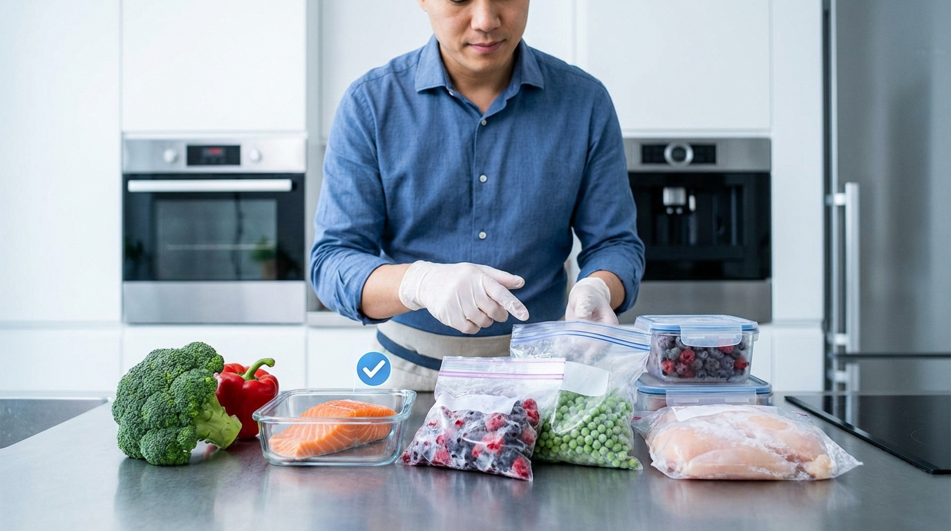 Un homme ganté prépare des aliments (poulet, saumon, légumes, fruits) pour la congélation dans des sacs et des boîtes. Cuisine moderne.