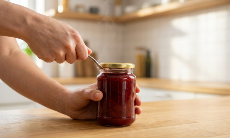 Deux mains ouvrent un bocal de confiture rouge avec une cuillère dans une cuisine lumineuse. De la vapeur s'échappe du couvercle.