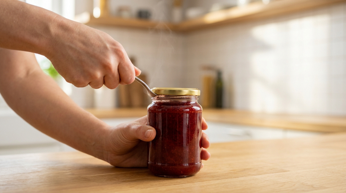 Deux mains ouvrent un bocal de confiture rouge avec une cuillère dans une cuisine lumineuse. De la vapeur s'échappe du couvercle.