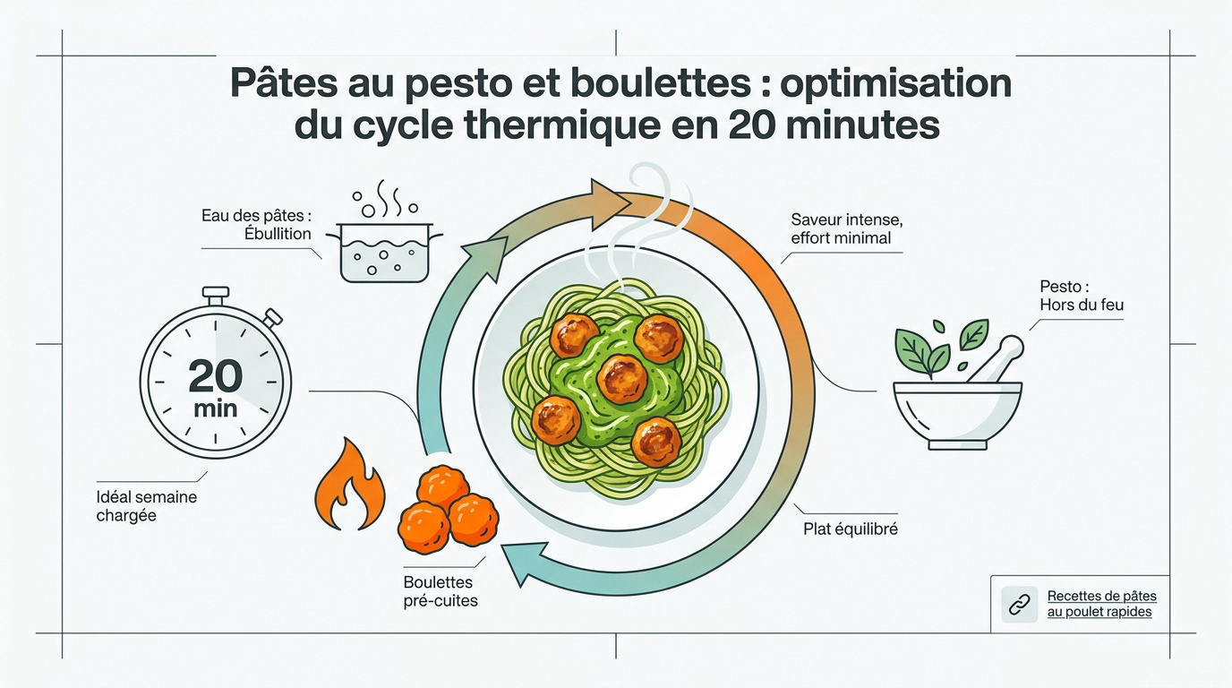Plat de linguines au pesto avec boulettes de poulet et rondelles de courgettes