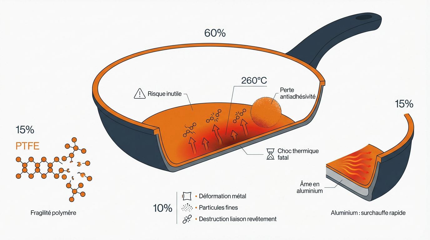 Dégradation thermique d'un revêtement antiadhésif sur une poêle de cuisine
