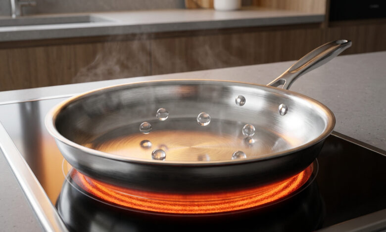 Une poêle en inox sur une plaque de cuisson électrique rougeoyante avec des gouttelettes d'eau dansant à l'intérieur, illustrant l'effet Leidenfrost.