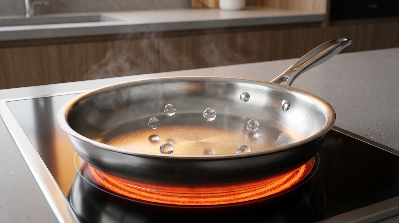 Une poêle en inox sur une plaque de cuisson électrique rougeoyante avec des gouttelettes d'eau dansant à l'intérieur, illustrant l'effet Leidenfrost.