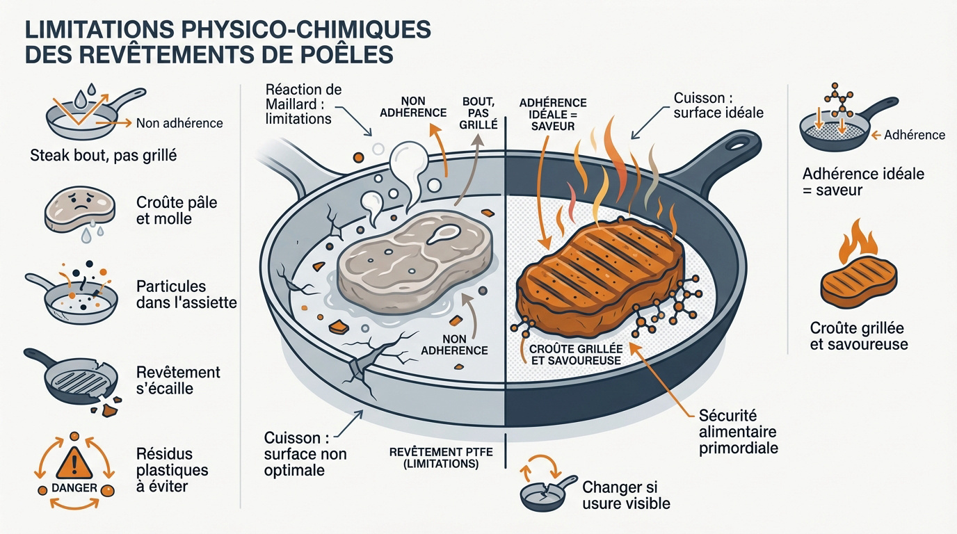 Détails d'un revêtement de poêle antiadhésive endommagé par une chaleur excessive