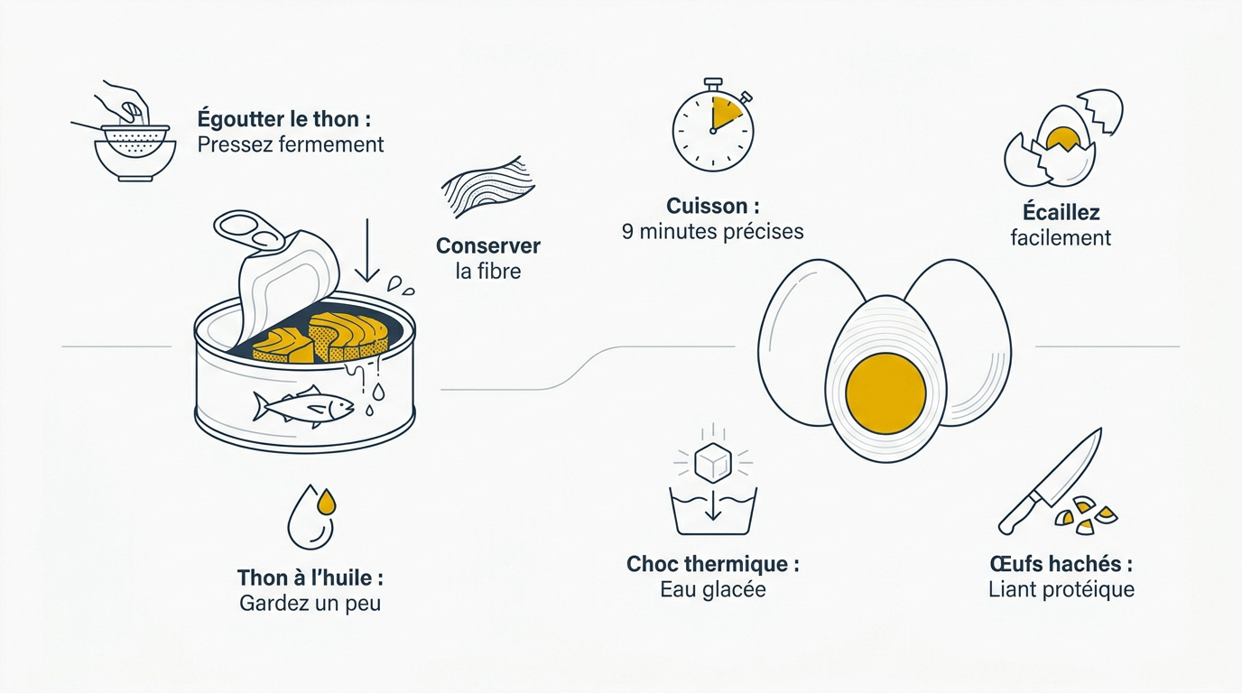 Préparation technique du thon égoutté et des œufs durs pour salade