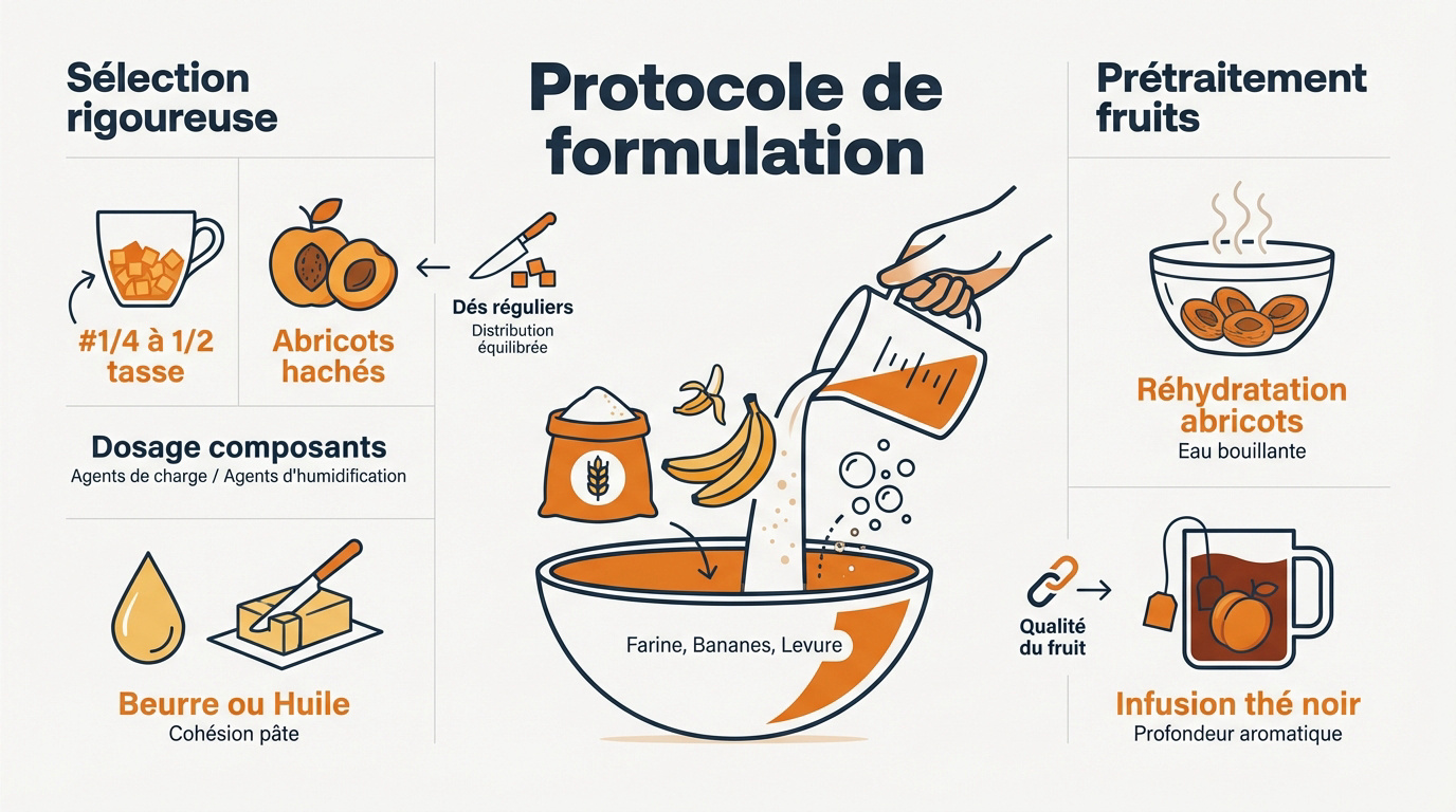 Préparation méthodique des ingrédients secs et humides pour le pain aux bananes et abricots