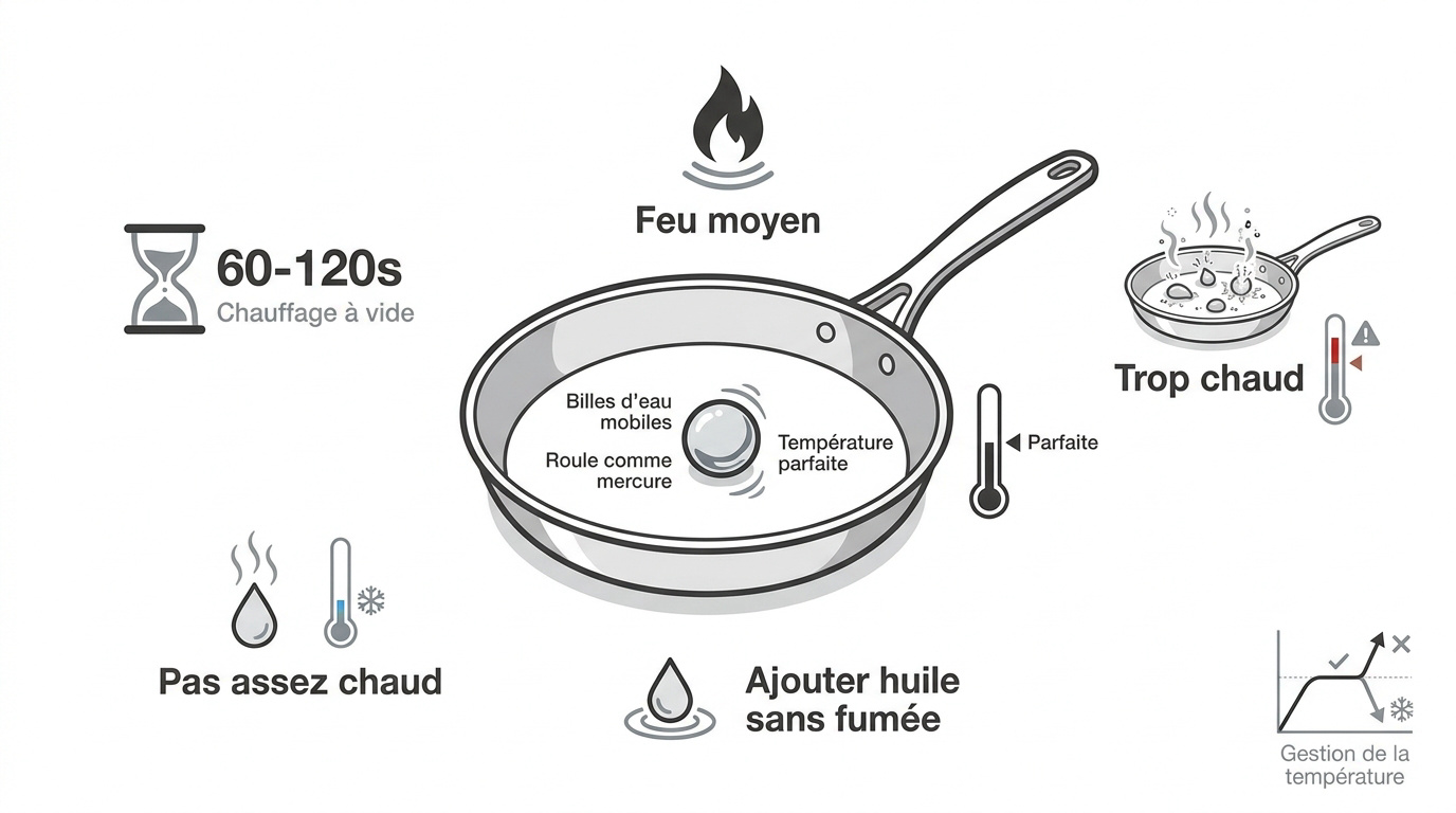 Test de la goutte d'eau sur une poêle en acier inoxydable pour vérifier l'effet Leidenfrost