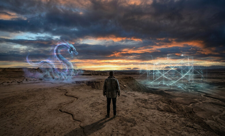 Homme dans un désert fissuré, entre un dragon lumineux (superstition) et des données holographiques (science), sous ciel dramatique.