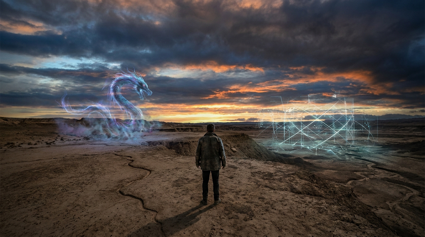 Homme dans un désert fissuré, entre un dragon lumineux (superstition) et des données holographiques (science), sous ciel dramatique.