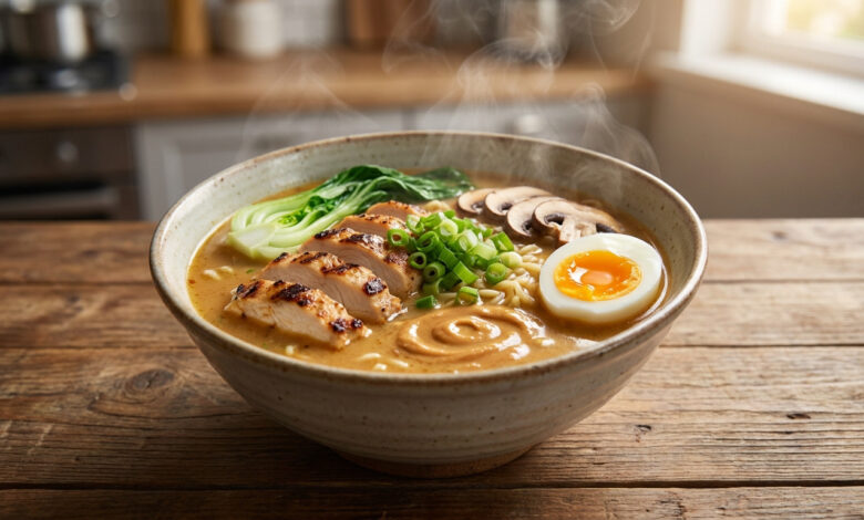 Bol de ramen fumant avec poulet grillé, œuf mollet, bok choy, champignons, nouilles et oignons verts sur une table en bois.