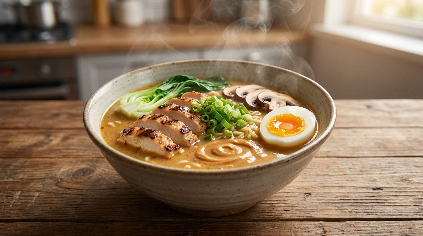 Bol de ramen fumant avec poulet grillé, œuf mollet, bok choy, champignons, nouilles et oignons verts sur une table en bois.