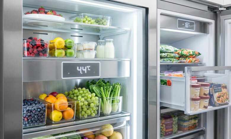 Intérieur d'un réfrigérateur et congélateur modernes remplis d'aliments frais et surgelés. Affichage : 4.4°C (frigo) et -18°C (congélateur).