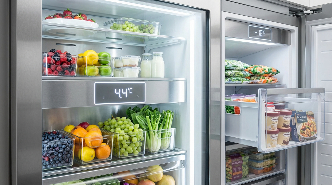 Intérieur d'un réfrigérateur et congélateur modernes remplis d'aliments frais et surgelés. Affichage : 4.4°C (frigo) et -18°C (congélateur).