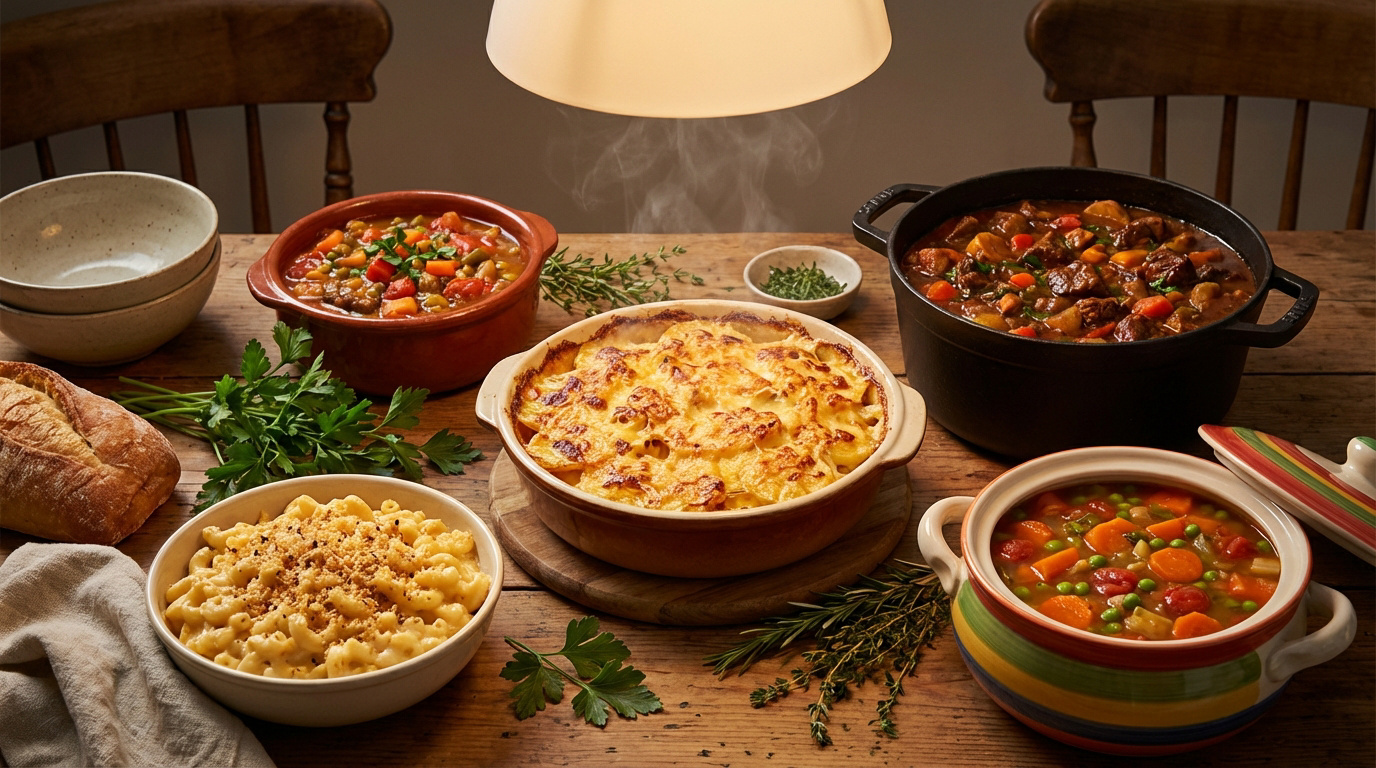 Table en bois rustique avec un festin de plats réconfortants : gratin de pommes de terre, ragoûts fumants, macaronis au fromage crémeux, pain.