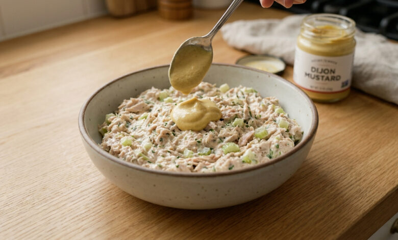 Une cuillère verse une touche de moutarde de Dijon dans un grand bol de salade de thon aux céleris sur un comptoir en bois.