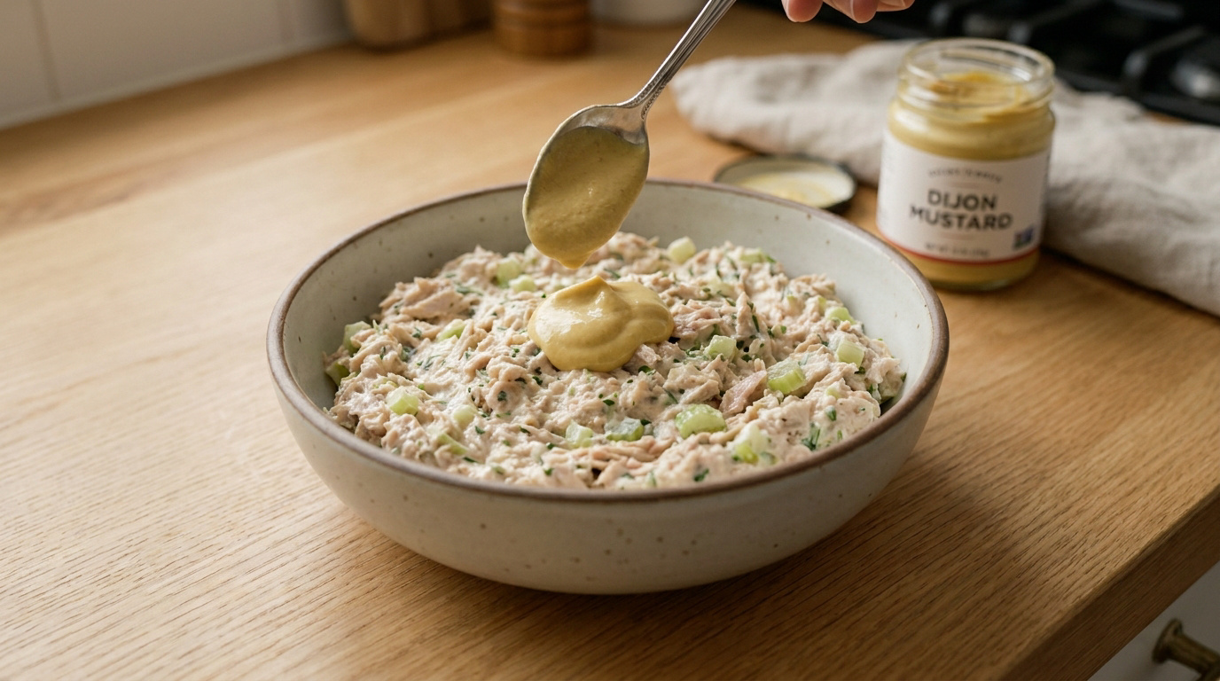 Une cuillère verse une touche de moutarde de Dijon dans un grand bol de salade de thon aux céleris sur un comptoir en bois.