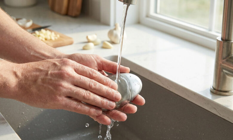 Une personne frotte ses mains avec un savon en inox sous un robinet d'eau courante dans un évier de cuisine. De l'ail coupé est visible.
