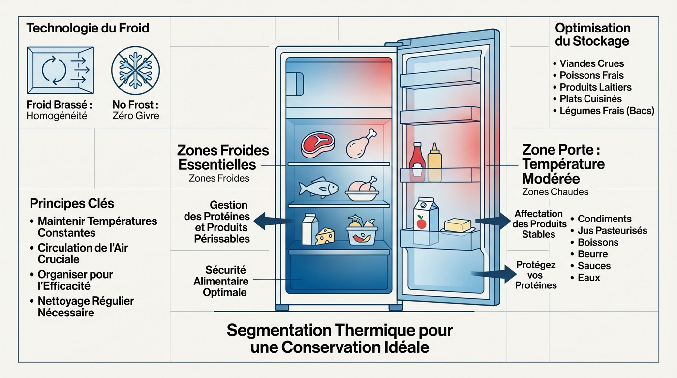Schéma de la répartition des zones de température dans un réfrigérateur domestique