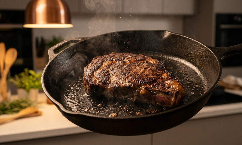 Steak épais et juteux en train de saisir dans une poêle en fonte noire. Vapeur et éclaboussures visibles, fond de cuisine flou.