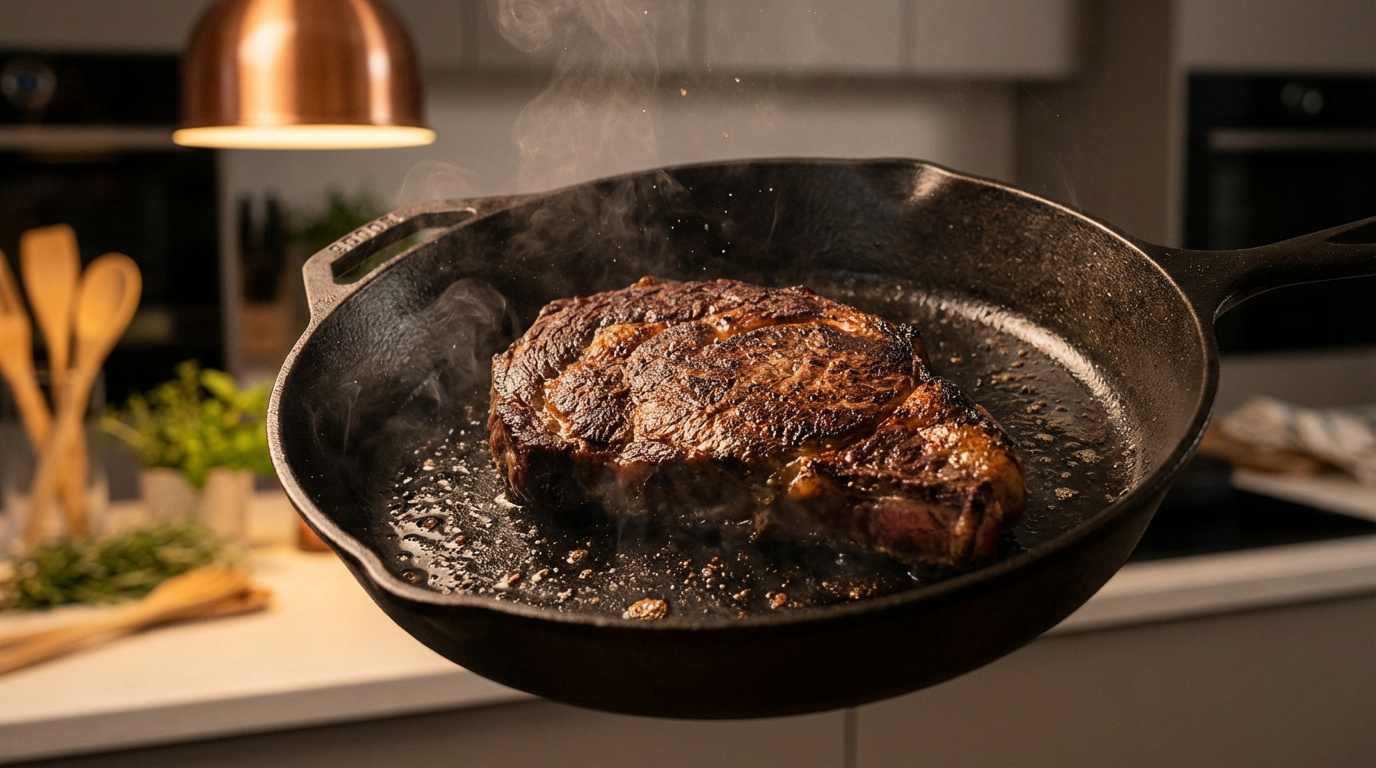 Steak épais et juteux en train de saisir dans une poêle en fonte noire. Vapeur et éclaboussures visibles, fond de cuisine flou.