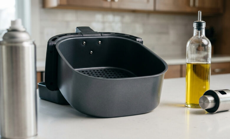 Un panier d'air fryer posé sur un comptoir entre une bombe de spray et une bouteille d'huile.