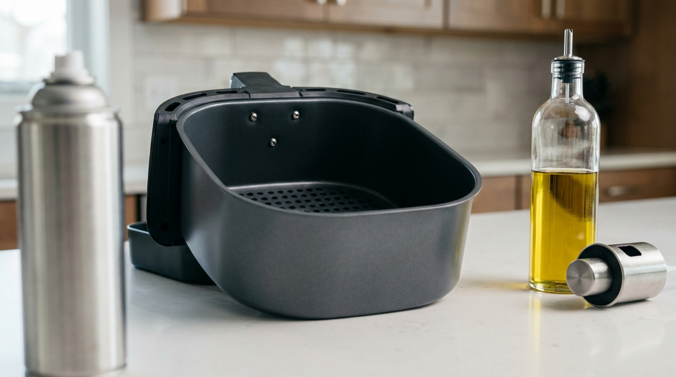 Un panier d'air fryer posé sur un comptoir entre une bombe de spray et une bouteille d'huile.