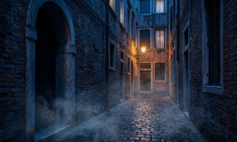 Ruelle étroite et sombre en briques, éclairée par une lanterne. Chemin pavé humide avec brume. Symbole ADN gravé sur une arche.