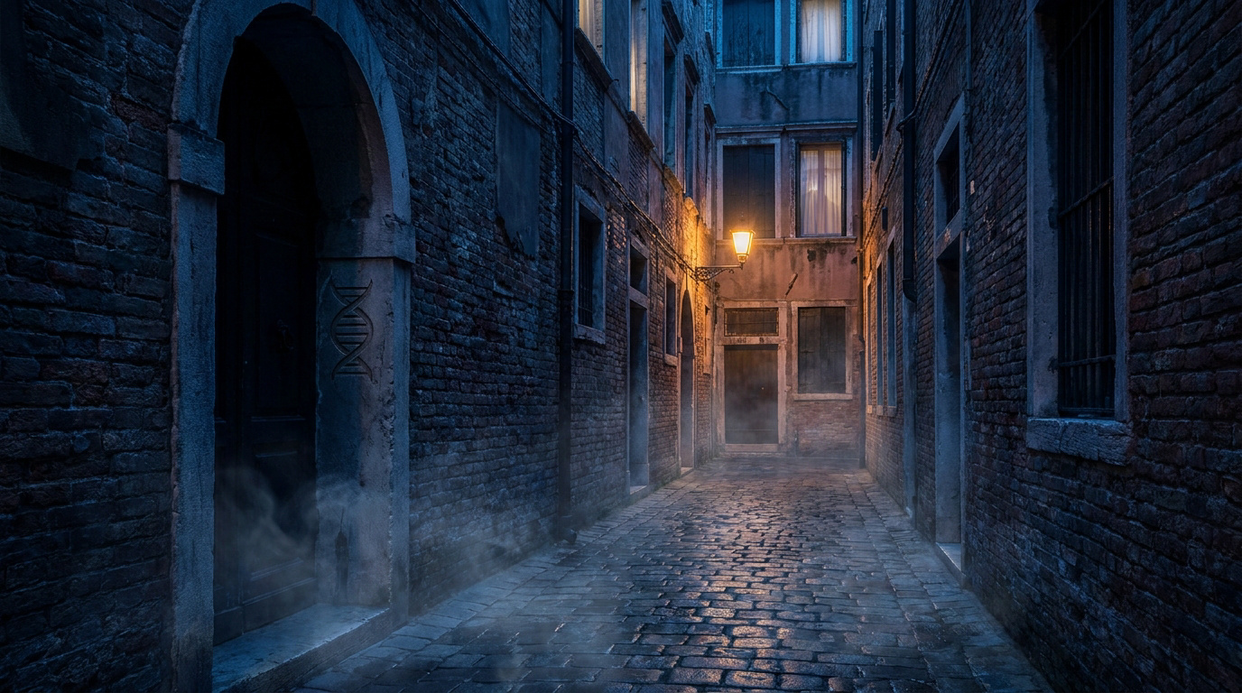 Ruelle étroite et sombre en briques, éclairée par une lanterne. Chemin pavé humide avec brume. Symbole ADN gravé sur une arche.