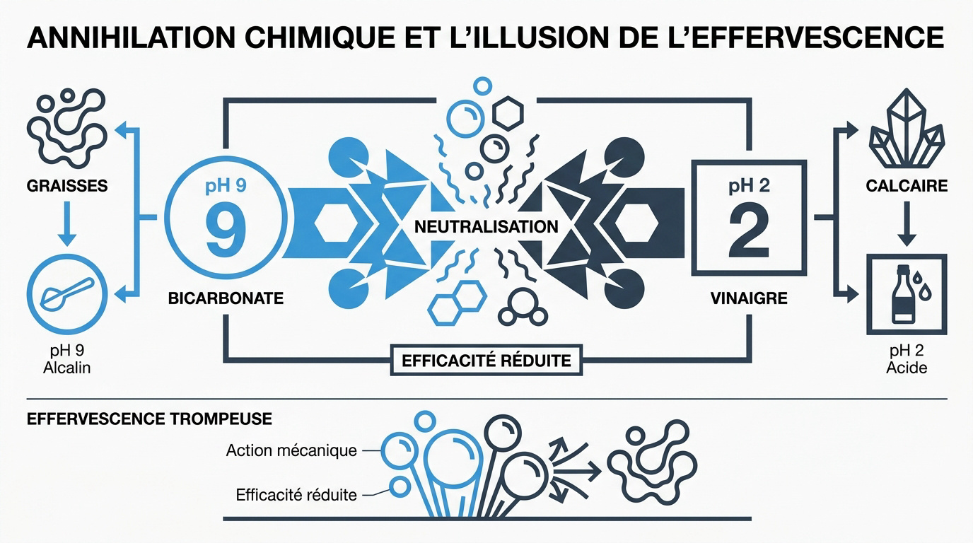 Réaction chimique de neutralisation entre le bicarbonate de soude et le vinaigre blanc créant du dioxyde de carbone