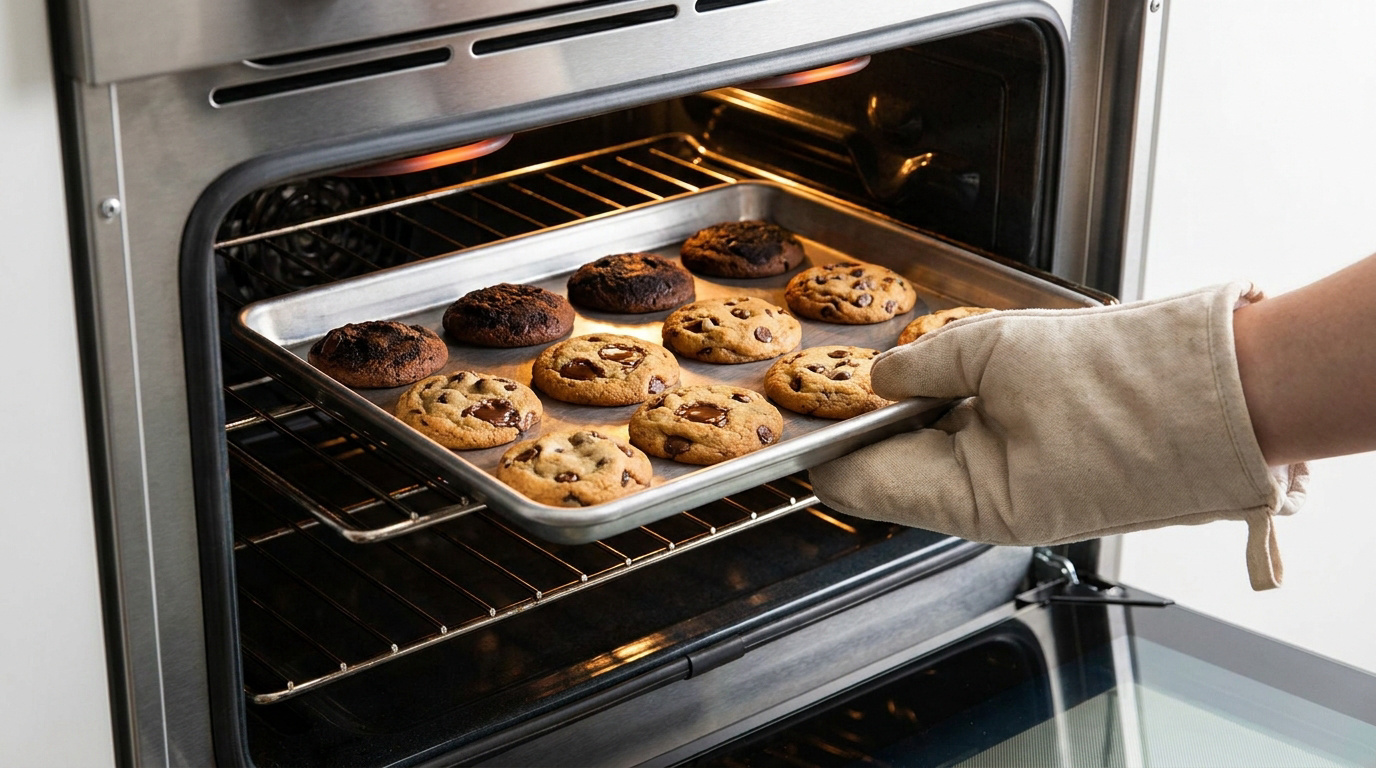 Une main gantée retire une plaque de cookies d'un four en acier inoxydable. Les cookies présentent des niveaux de cuisson différents, du doré au trop cuit.