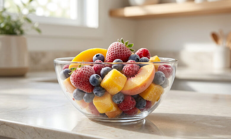 Un bol en verre rempli de fruits surgelés colorés, incluant fraises, framboises, myrtilles et morceaux de mangue.