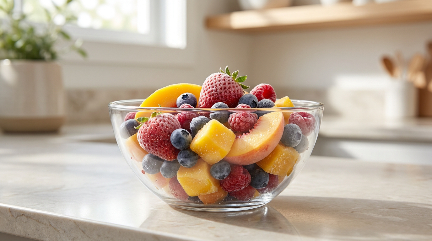 Un bol en verre rempli de fruits surgelés colorés, incluant fraises, framboises, myrtilles et morceaux de mangue.