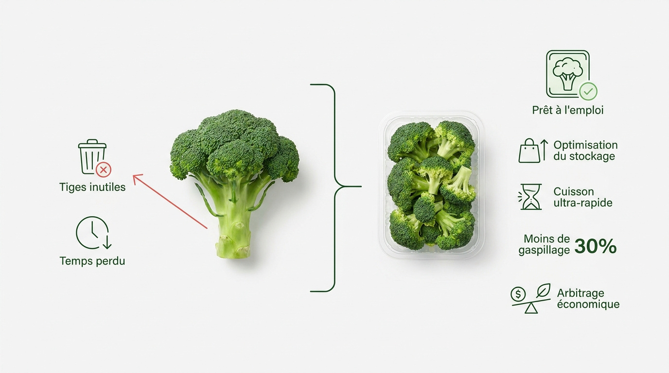 Comparaison visuelle entre un brocoli entier et des bouquets de brocoli pré-coupés prêts à l'emploi