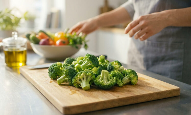 Des bouquets de brocoli frais disposés sur une planche à découper en bois dans une cuisine lumineuse.