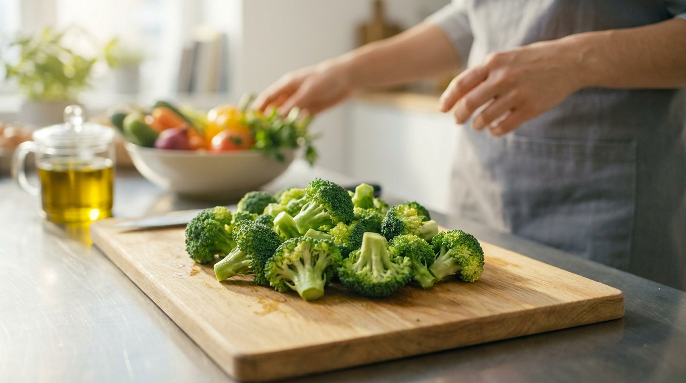 Des bouquets de brocoli frais disposés sur une planche à découper en bois dans une cuisine lumineuse.