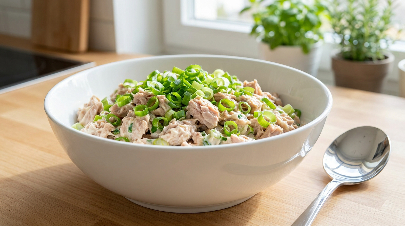 Bol de salade de thon et oignons verts. Thon émietté, sauce crémeuse et oignons verts frais sur un comptoir de cuisine.