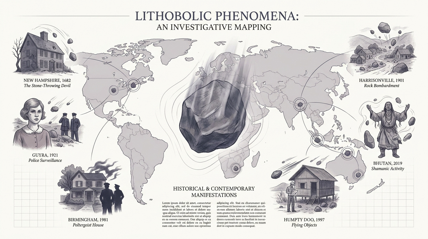 Représentation cartographique et historique des phénomènes de pluies de pierres inexpliquées