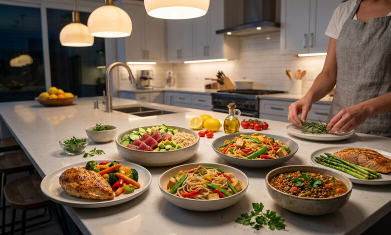 Une personne préparant des plats sains variés sur un îlot de cuisine lumineux et moderne.