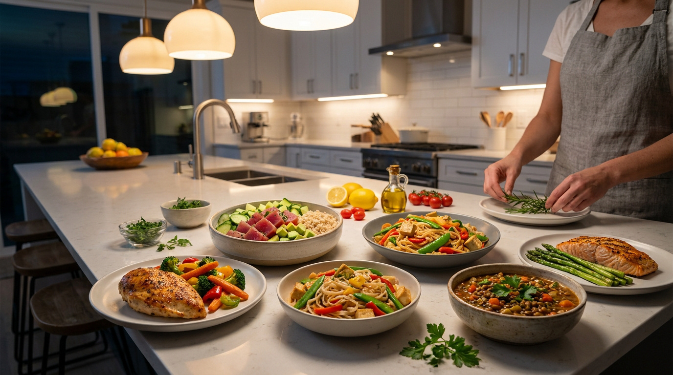 Une personne préparant des plats sains variés sur un îlot de cuisine lumineux et moderne.