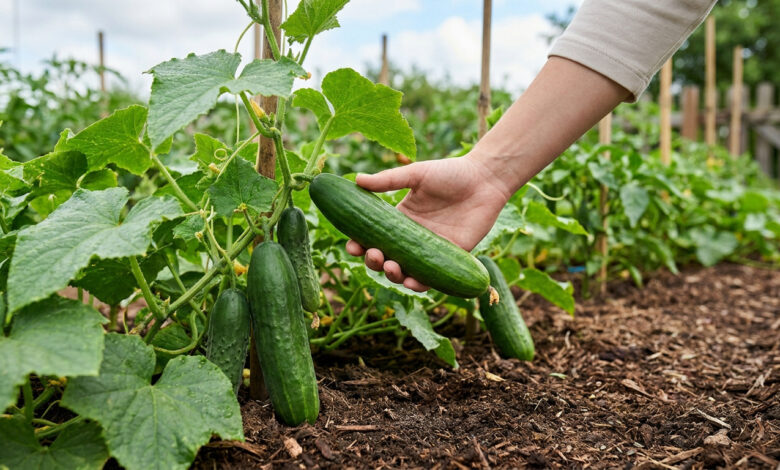 Une main récolte un concombre frais dans un potager verdoyant.