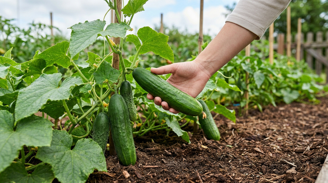 Une main récolte un concombre frais dans un potager verdoyant.