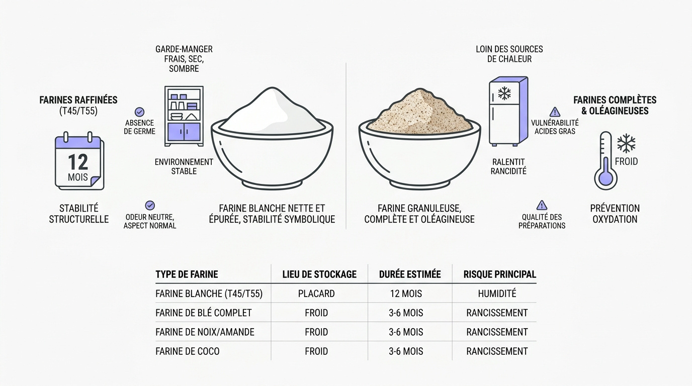 Comparaison visuelle du stockage des farines blanches et des farines intégrales en bocaux hermétiques
