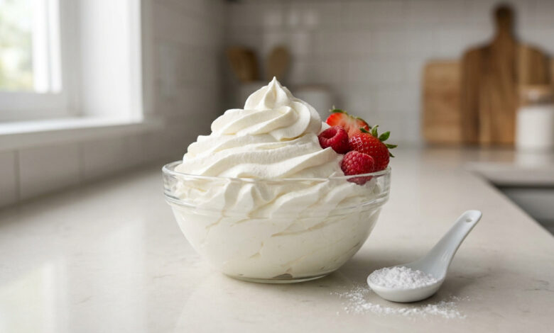 Crème fouettée stable et aérienne dans un bol en verre, garnie de fraises et framboises. Une cuillère de sucre glace à côté.