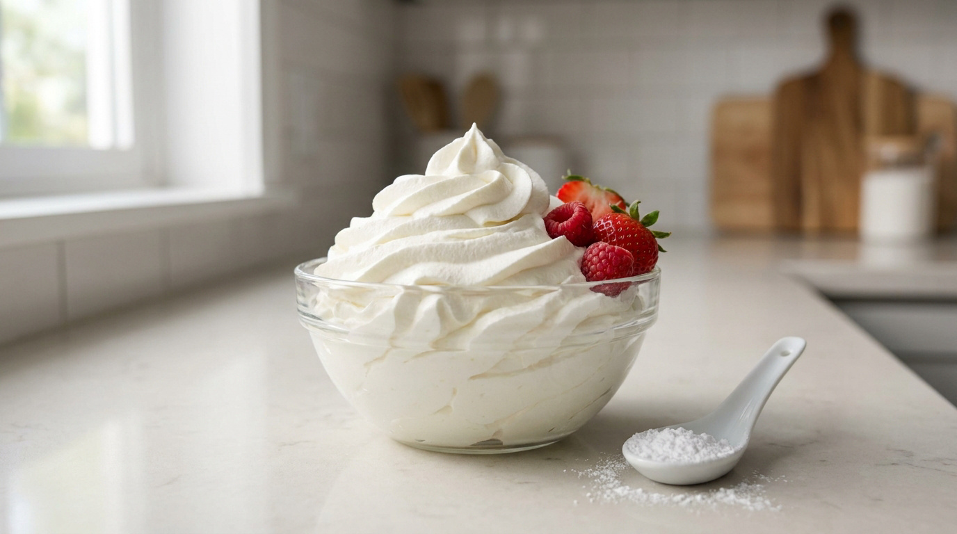 Crème fouettée stable et aérienne dans un bol en verre, garnie de fraises et framboises. Une cuillère de sucre glace à côté.