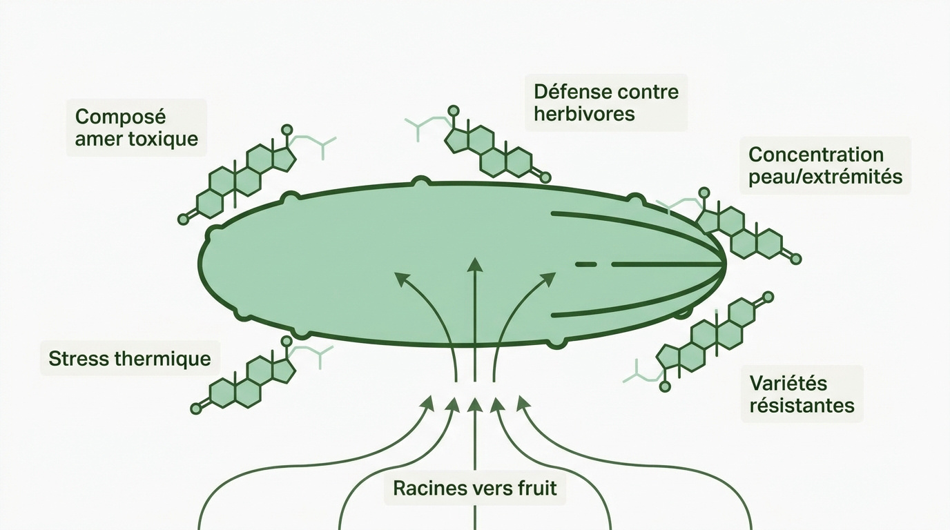 Structure moléculaire de la cucurbitacine et coupe transversale d'un concombre amer