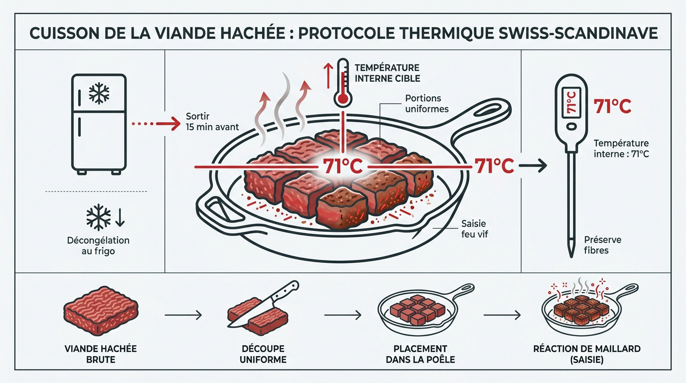 Viande hachée en cours de saisie thermique dans une poêle haute température